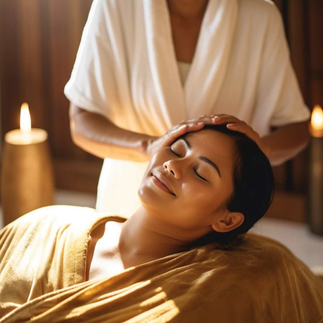 Woman enjoying a head massage at Oppa Spa
